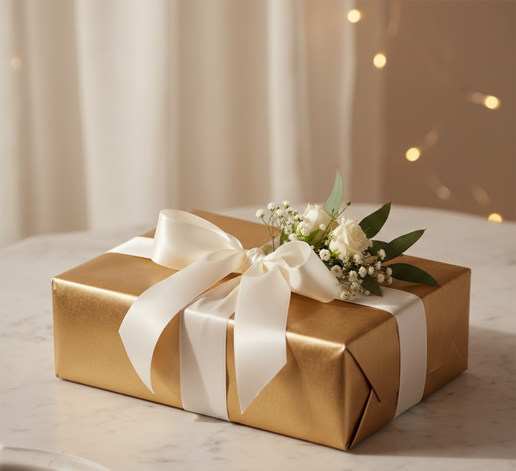 Wedding gift wrapped in champagne gold with ivory ribbon