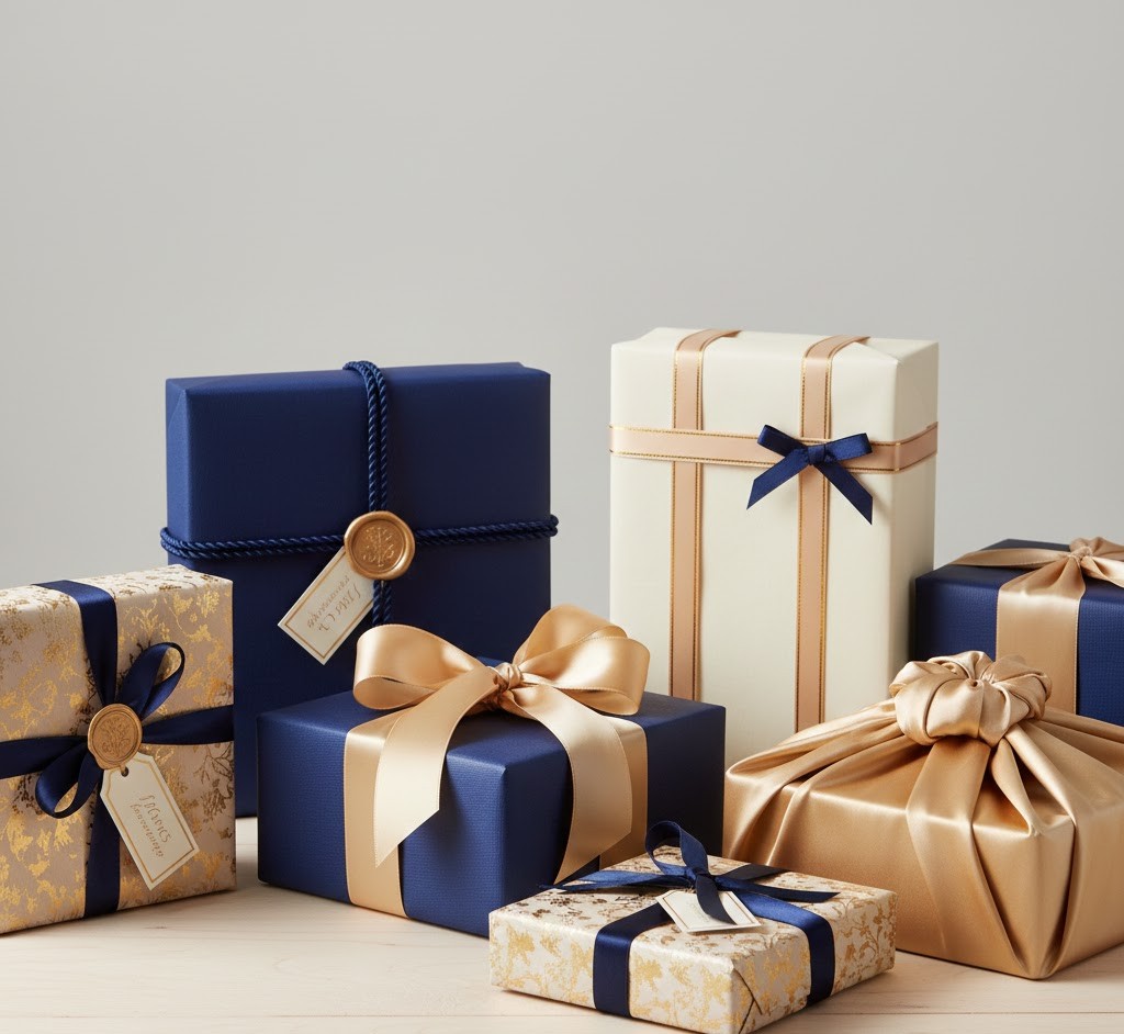 Multiple elegantly wrapped gift boxes in various styles