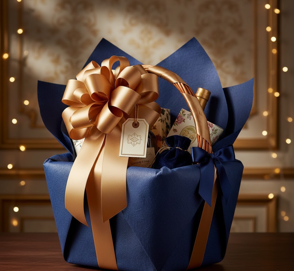 Luxury gift basket with premium wrapping materials