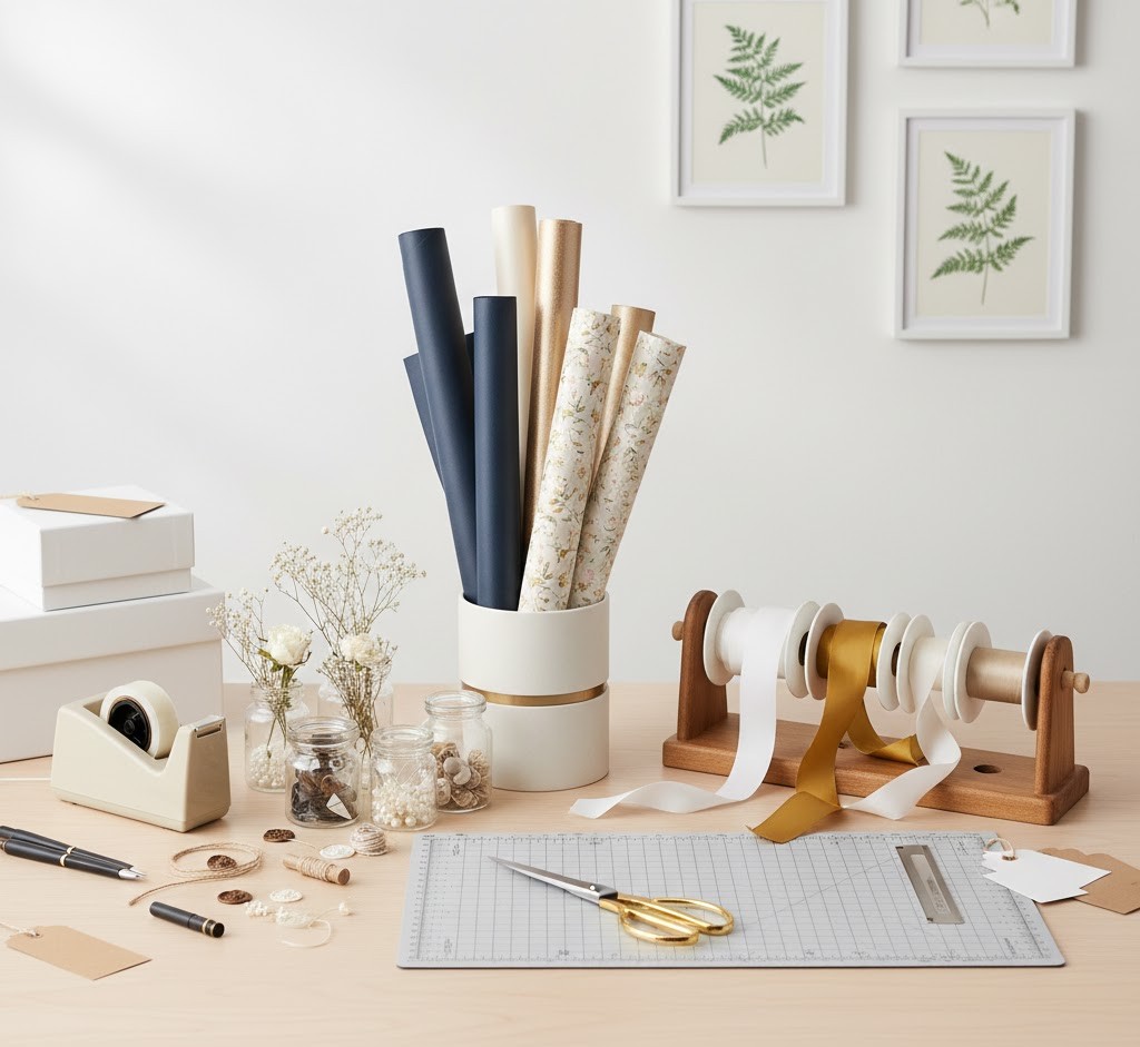 Professional gift wrapping station with tools and materials