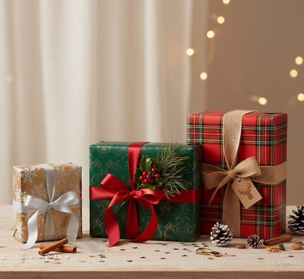Seasonal gift wrapping examples with holiday themes
